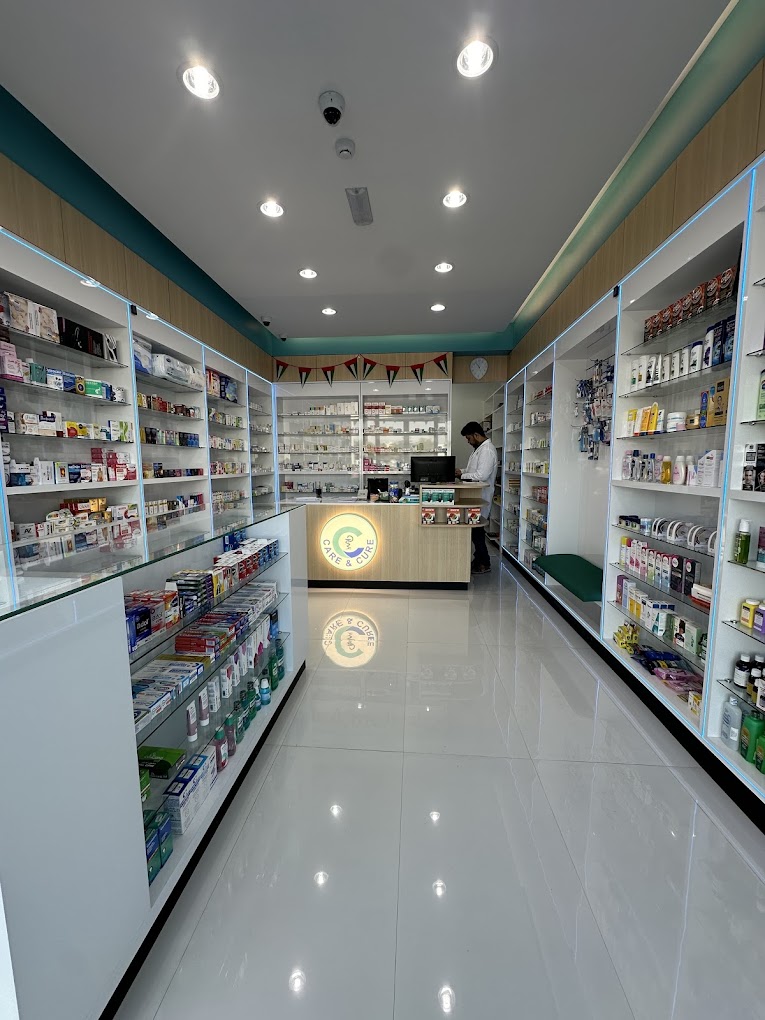 Pharmacy counter with medicine bottles